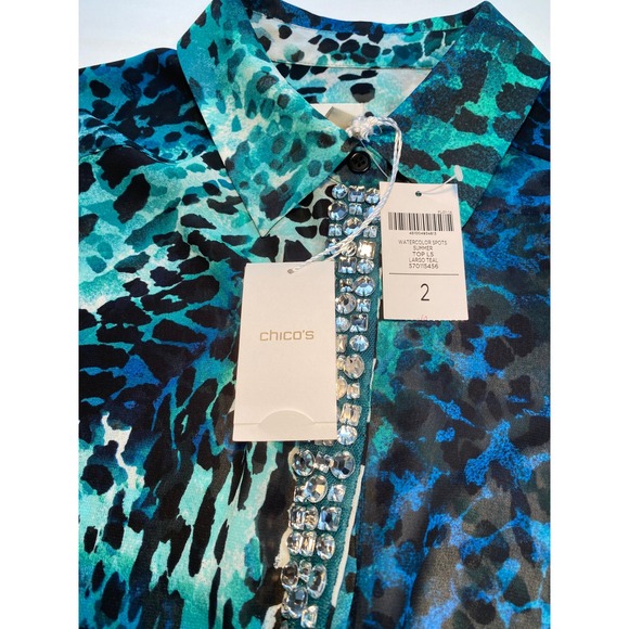 Chico's NWT Watercolor Spots Rhinestone Trim Sheer Blouse Women's 2 L Teal Blue - Picture 7 of 11